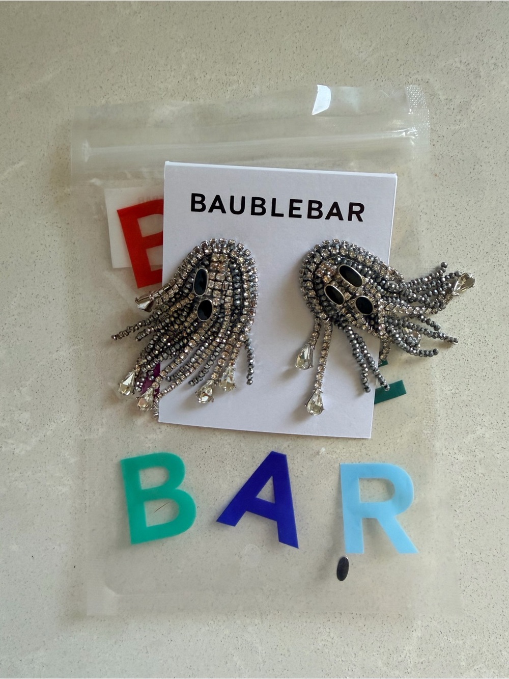BaubleBar Fright Night Silver Crystal Ghost Drop Earrings